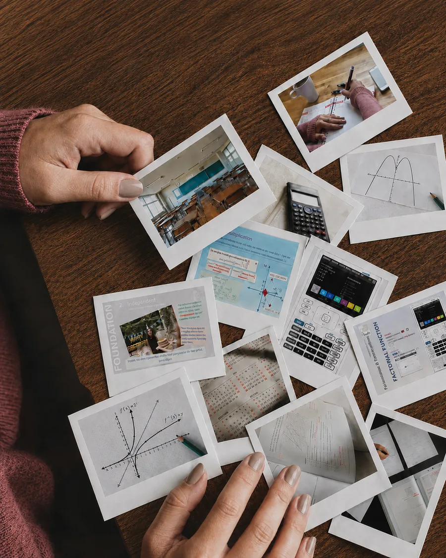 A teacher's hands arranging photographs of IB Math lessons, worksheets, graphs, and a calculator on a wooden desk.
