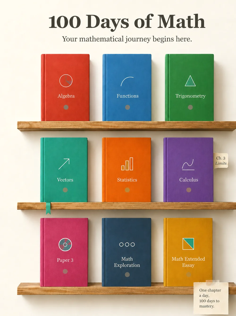 The 100 Days of Math library: nine IB HL Math module books on wooden shelves — Algebra, Functions, Trigonometry, Vectors, Statistics, Calculus, Paper 3, Math Exploration, and the Math Extended Essay.